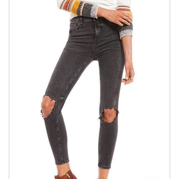 Free People Denim - Free People Skinny Distressed Charcoal Jeans